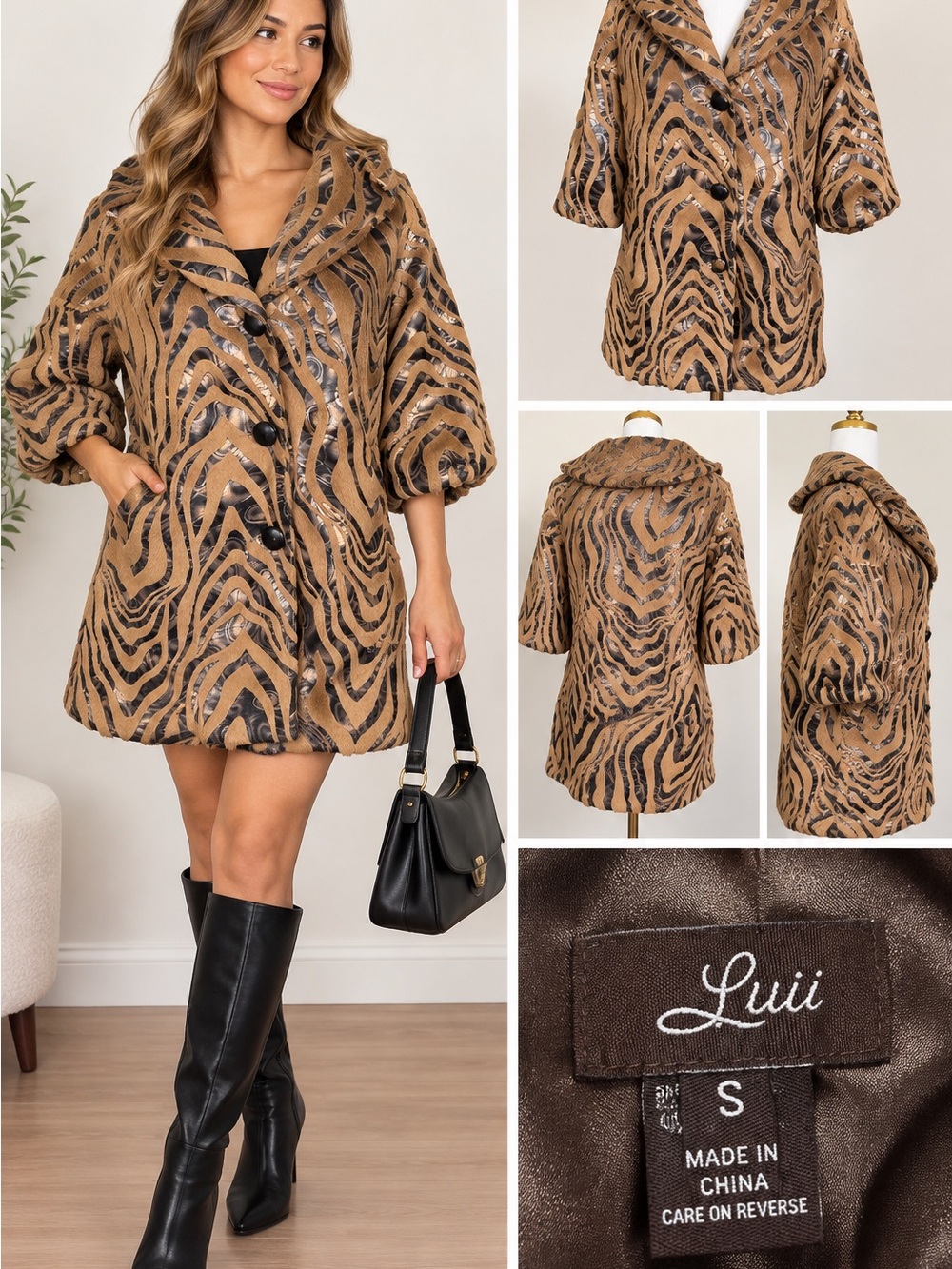 VTG Luii Women’s Tan and Black Animal-Print Puff Sleeve Pea Coat Size Small NWT